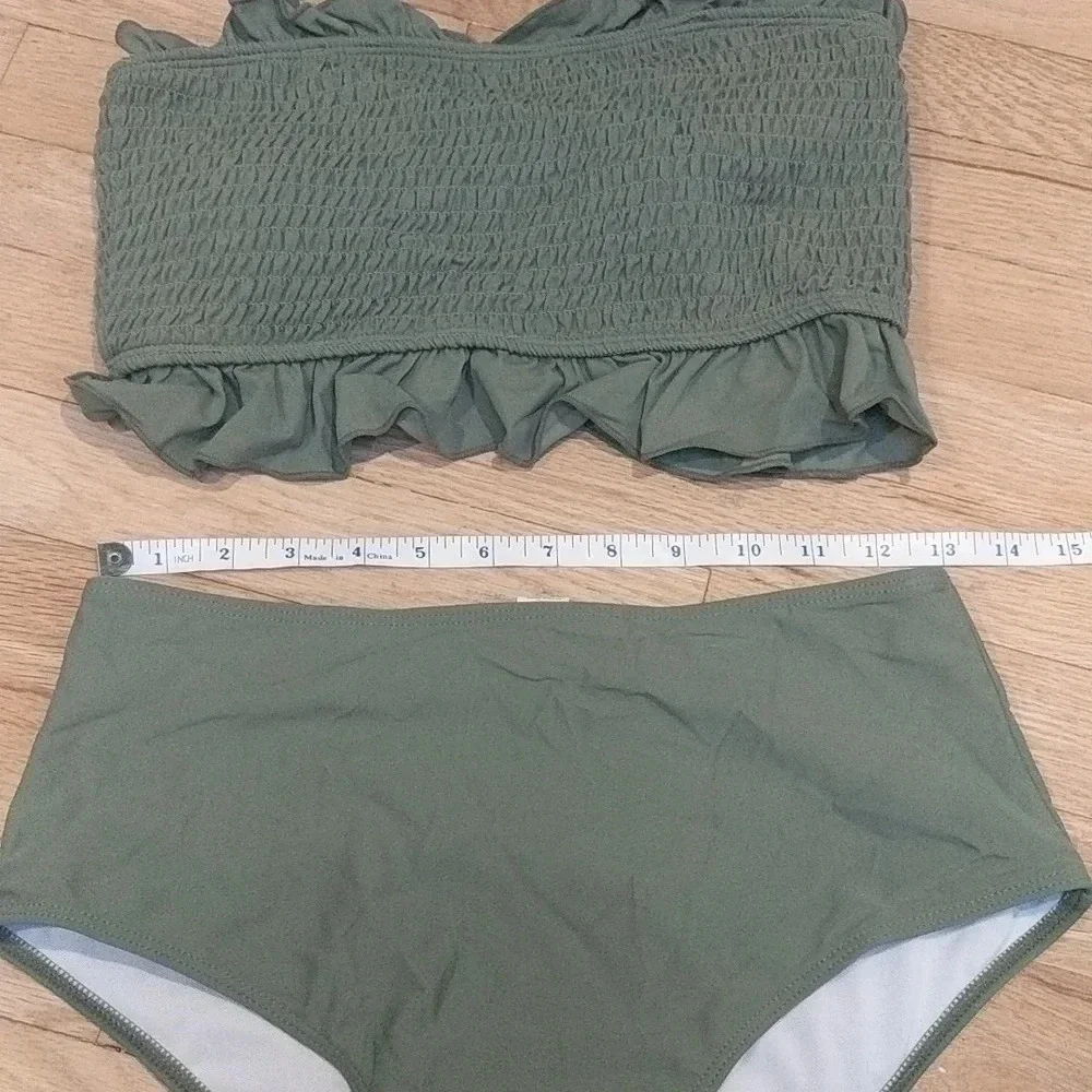 Ruched Shirred Bandeau Olive Green Bikini Medium